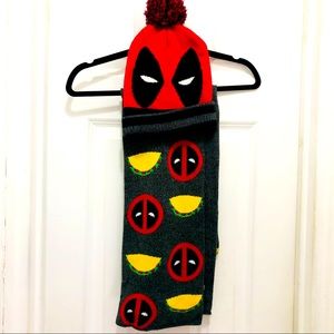 Deadpool Marvel Winter Hat with a pom pom, and a winter scarf. One Size.